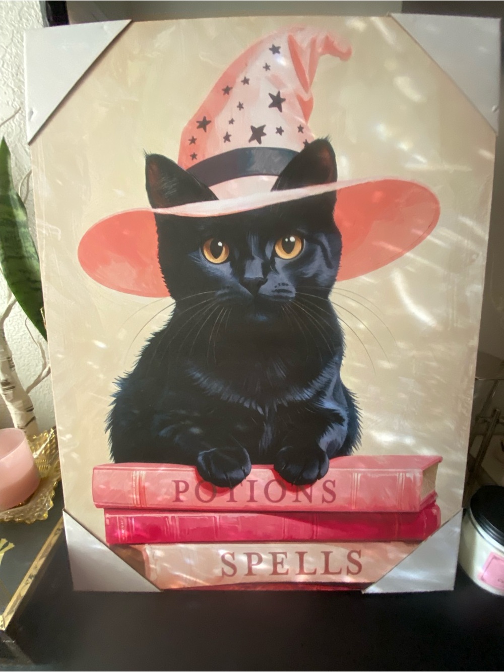 New. Cat Witch Art Print with Pink Hat - Picture 2 of 2